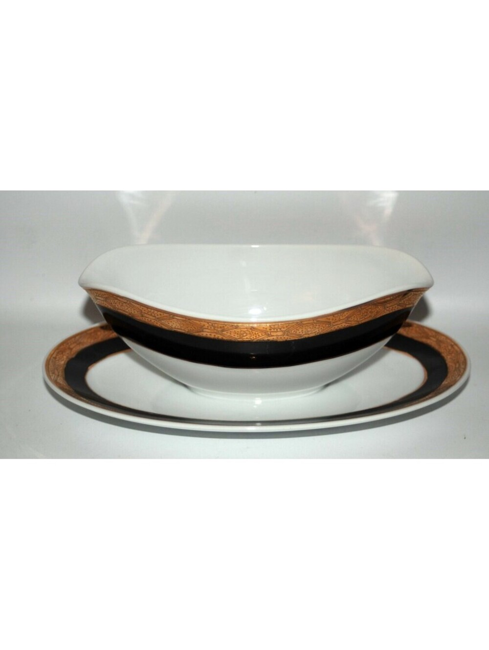 KUTANI China Gravy Boat w/Underplate*Gold Encrusted/Black Bands*Japan